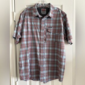 Wrangler Outdoors Men's Blue Plaid Button Up Short Sleeve Vented Shirt, Size XL